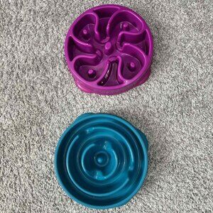 Gently Used Once Set of 2 Dog or Cat Slow Feeding Bowls in Purple & Blue